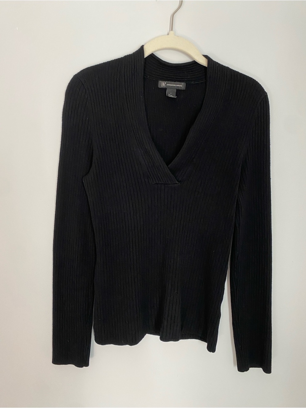 INC International Concepts Black Ribbed V-Neck Sweater Size Large